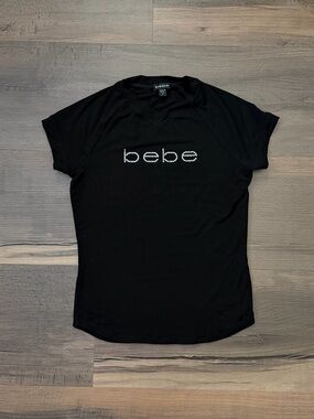 bebe Women's Black Rhinestone Logo V-neck T-shirt - Black - Size Small